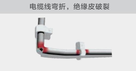 在安裝過(guò)程中，由于電線的彎曲半徑過(guò)小，或是線夾過(guò)緊，導(dǎo)致線纜絕緣皮破裂，產(chǎn)生電弧隱患